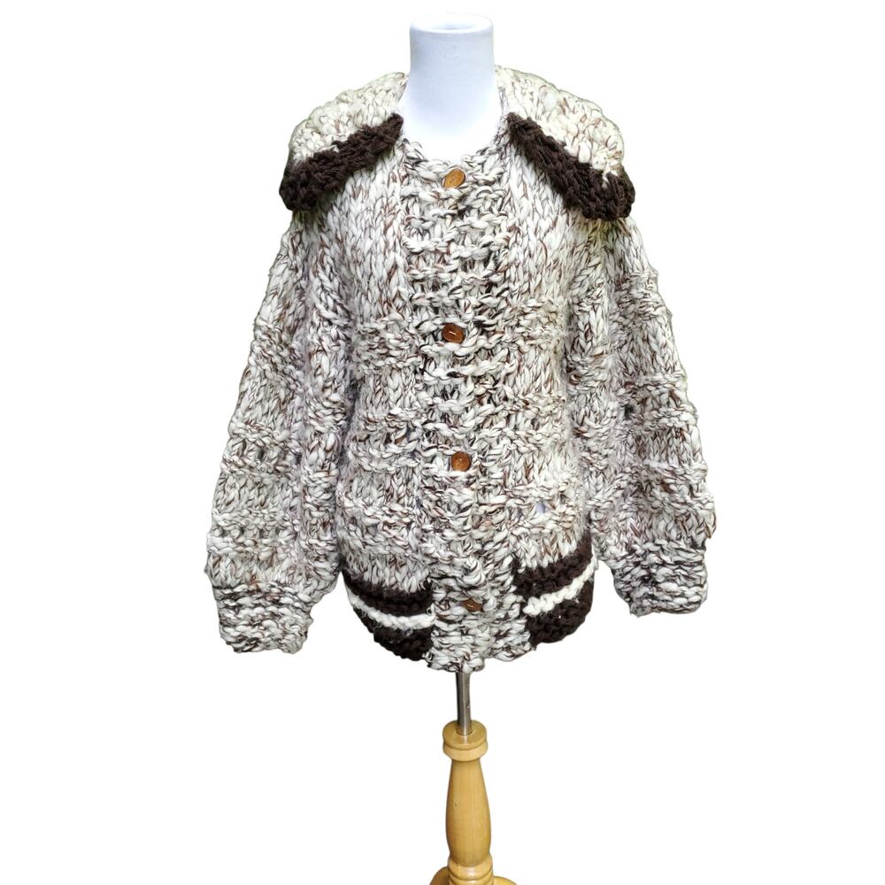 Vintage Thick Chunky Knit Cardigan Sweater Shawl Collar Balloon Sleeve Fits M/L
